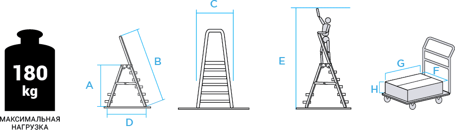 Schema: Two-sided aluminum stepladder with standing 260×350 mm platform and safety 600 mm barrier, max. load 180 kg NV 2126