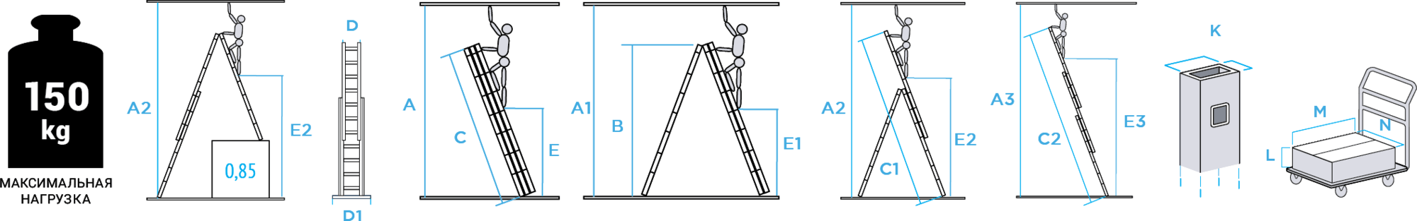 Schema: Three-section aluminum multipurpose ladder NV2230