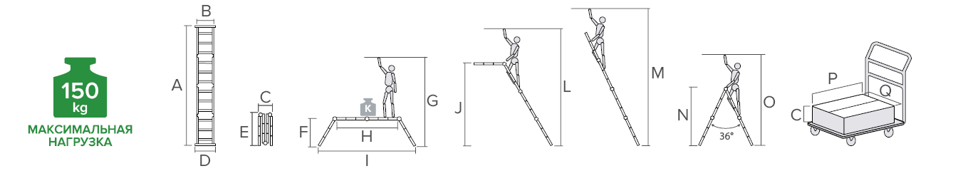 Schema: Multipurpose aluminum hinged rung ladder 340 mm width with platform NV2330