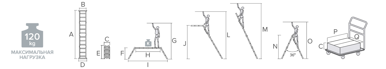 Schema: Multipurpose aluminum hinged rung ladder 340 mm width NV1320