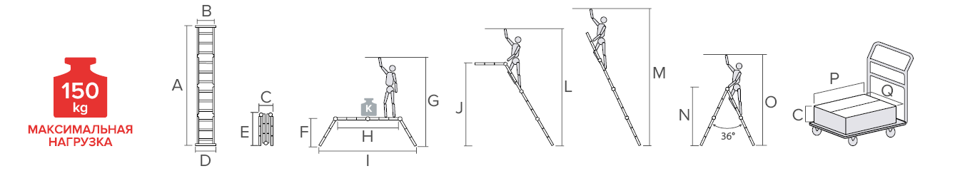 Schema: Multipurpose aluminum professional hinged rung ladder 800 mm width with 80 mm flanged steps and platform NV3336