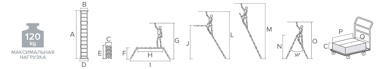 Schema: Multipurpose aluminum hinged rung ladder 400 mm width NV1323