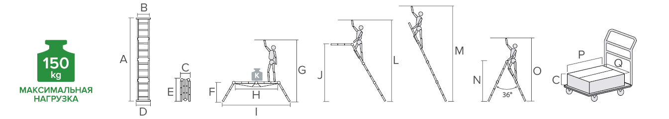 Schema: Multipurpose aluminum hinged rung ladder 400 mm width with steelwork NV2321