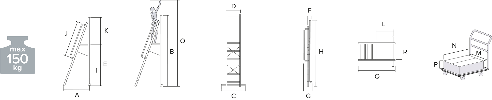 Schema: Movable folding stepladder with 450×450 mm platform and handrails NV 1540