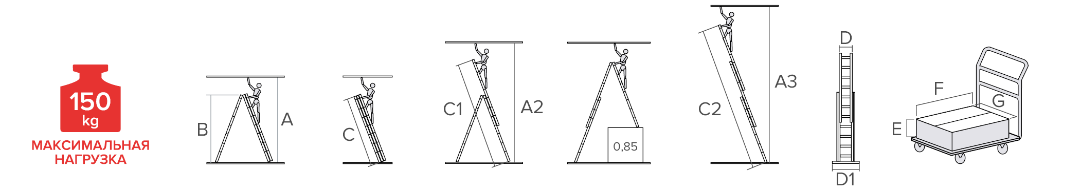 Schema: Three-section aluminum professional multipurpose ladder NV3230
